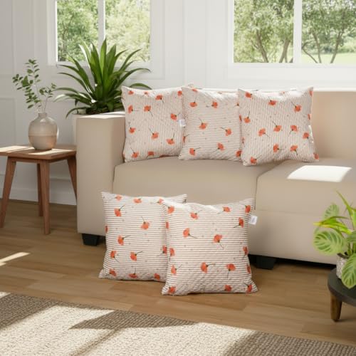 Image of STITCHNEST 'QuadraNest' Series Printed Quilted Velvet Cushion Cover 16x16 Inch Set of 5 | Premium Soft Fabric, Washable & Fade Resistant | Decorative Living Room Cushion Covers | Orange Floral