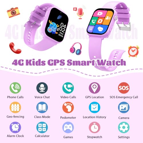 Image of 4G Kids Smart Watch for Boys Girls with GPS Tracker, SOS, Two Way Call Video Calling Voice Chat,School Mode, Alarm Clock,Safe Zones,Pedometer,Stopwatch,Games Children Smartwatch for 4-12 (4G Purple)
