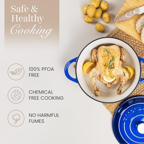 Image of Cast Iron Dutch Oven with Lid - Non-Stick Ovenproof Enamelled Casserole Pot - Sturdy Dutch Oven Cookware - Dark Blue, 7.3-Quart, 30cm - by Nuovva