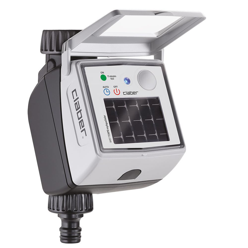 Claber Tempo myAquaSolar – Programmatore 1 via con pannello solare integrato, controllo smart Bluetooth® tramite app myClaber, 2 programmi, senza batterie, attacco 3/​4", compatibile sensore pioggia.