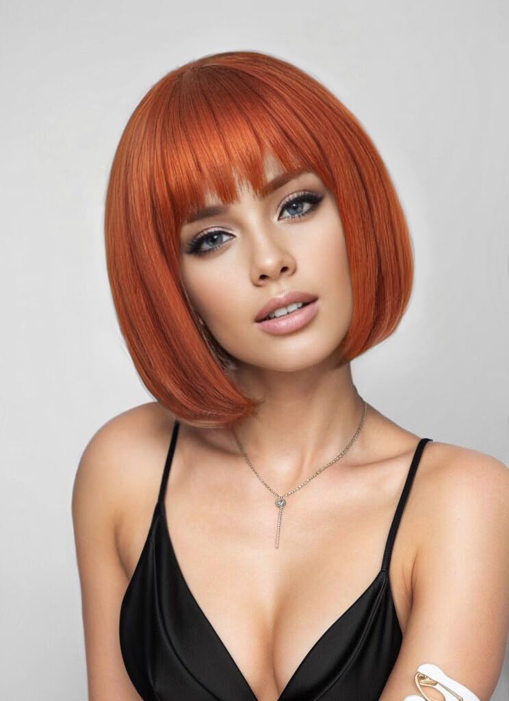 Workstar Auburn bob Wigs for Women Synthetic Wig with Fringe, 22 pollici