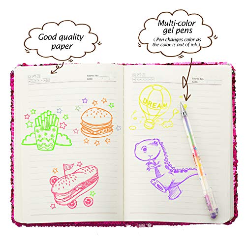 Image of Outus 4 Pcs Sequin Girls Journal Valentines Journal Gift with Color Gel Ink Pens Glitter Notebook Flip Writing Diary for Kids Girl Writing Drawing Travel Gifts(Vibrant Pink,Heart)