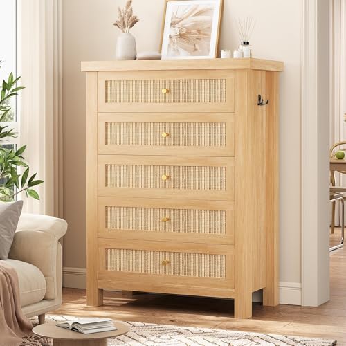 Image of Natural Rattan Dresser for Bedroom with 5 Drawers, Wood Boho Chest of Drawers with Gold Metal Handle, Matte Top Bedroom Tall Dresser with Large Drawers for Living Room, Closet, Hallway, (Nartual)