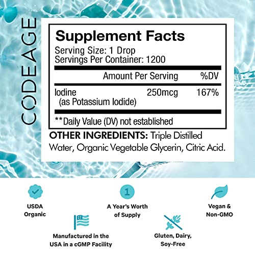 Codeage Usda Organic Iodine Drops – 250 Mcg - 1+ Year Supply - Liquid Iodine Supplement – Iodine Drops Solution - Pure, Clear Iodine - Vegan Iodine Liquid Drop - 2 Fl Oz #TOP1
