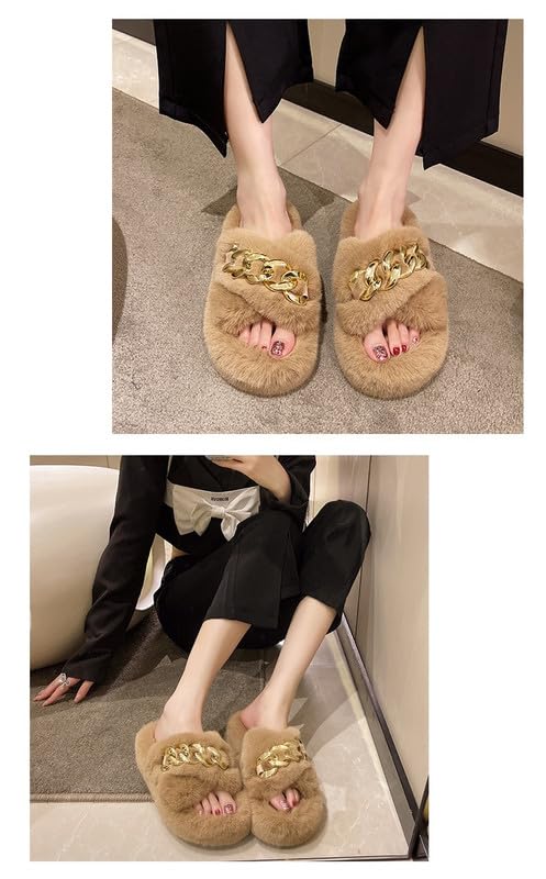 Cuban Link Chain Fuzzy Slippers Women Indoor and Outdoor Clean Girl Aesthetic Gold Chain Slippers Open Toe Soft Plush Stylish Slippers3
