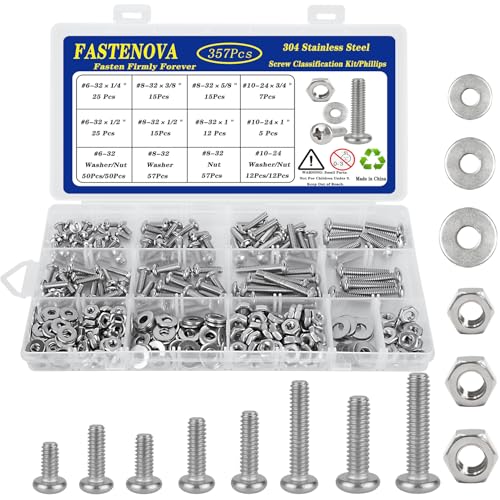 FASTENOVA 357pcs Machine Screws Assortment Kit, Phillips Pan Head, 304 Stainless Steel Screw Nut Washers Assortment Kit with Case#6-32#8-32#10-24
