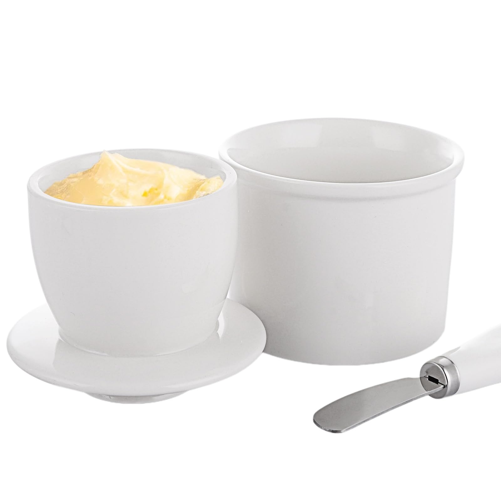 ASelected Butter Dish with Lid, French Butter Crock for Counter Butter Knife Keeper ,Ceramic Butter Keeper Spreadable and Soft Butter Dishwasher Safe (White)