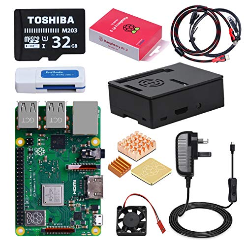 DINOKA Raspberry Pi 3 Modèle B Plus (B+) Kit de démarrage ultime avec carte micro SD 32 Go Classe 10, alimentation marche/arrêt 5 V 2,5 A et boîtier noir Premium 3 dissipateurs de chaleur en cuivre