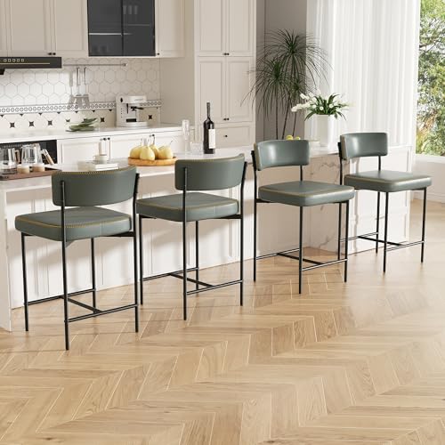 Image of Bar Stools Set of 4, Faux Leather Counter Height Barstools with Curved Back, 25 Inch Upholstered Bar Chairs, Modern Counter Stools for Kitchen lsland, Grey