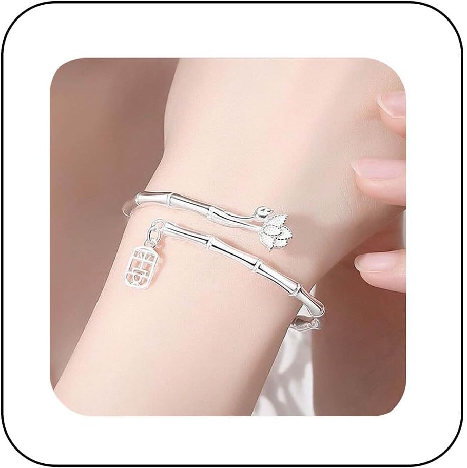 YienDoo Bamboo Cuff Bangle Bracelet Silver Vintage Bamboo Charm Open Cuff Bangle Statement Bamboo Flower Luck Bracelet Hand Chain Boho Hand Band for Women