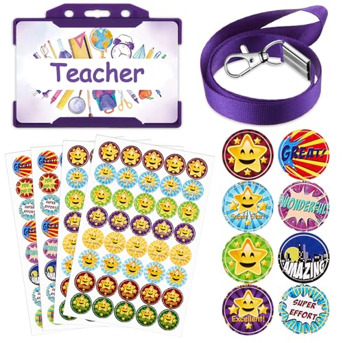 Tenare 7 Pcs Teacher Roleplay for Kids Pretend Teacher Set Novelty Lanyard and Stickers Pretend ID Card Behaviour Reward Stickers School Stuff Kids Role Play Game Accessories (Star Purple)