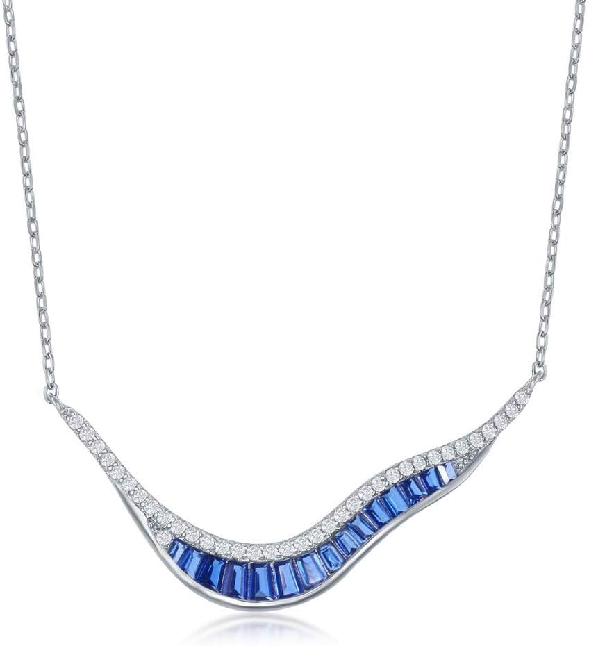 925 Sterling Silver Rhodium Plated/Rose Gold Plated Baguette Created Sapphire/Ruby/Emerald Cubic Zirconia 16+2’’ Curve Bar Necklace