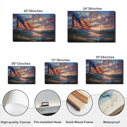 Image of RIBNTAK 4th of July Canvas Art - Vibrant American Flag & Fireworks, Patriotic Wall Art for Independence Day, Perfect for Living Room, Office, Holiday Decorations and Inspirational Artwork