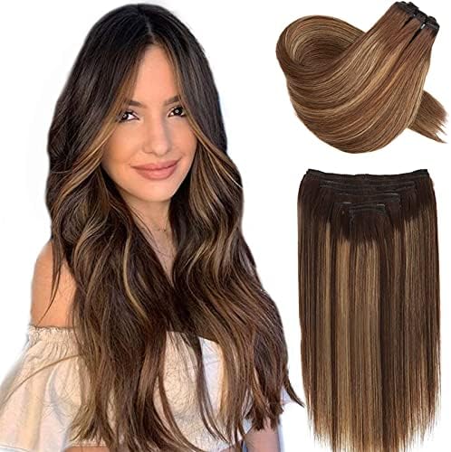 Clip in Hair Extensions Real Human Hair Straight Human Hair Clip in Extensions Balayage Chocolate Brown to Caramel Blonde 120g 8pcs Remy Hair Extensions Clip in Human Hair 18inch