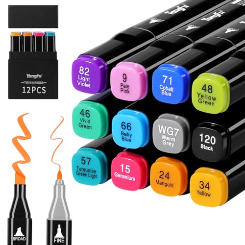 Tongfushop Rotulador de 12 Colores, Rotuladores Alcohol Doble Punta, 2S Secado Rápido Marcadores Permanente con Bolsa de Almacenamiento y Espaciador para Niños, Adultos Bocetos, Cómics, Colorear