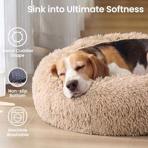 Image of JOLLYVOGUE Calming Dog Beds Extra Large Sized Dog, 45in Donut Washable Large Pet Bed, Anti-Slip & Anti-Anxiety Fluffy Faux Fur Round Dogs Bed, Fits up to 125 lbs Pets (Camel)