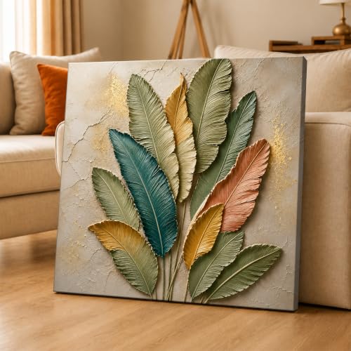Image of PAINTINGMANTRA Textured Embossed Floral Leaf Canvas Wall Art Painting for wall decoration, Multi-Color Feather & Leaf Motifs Stretched Canvas Painting for Living room, bedroom, Home and office, 22x22 Inch