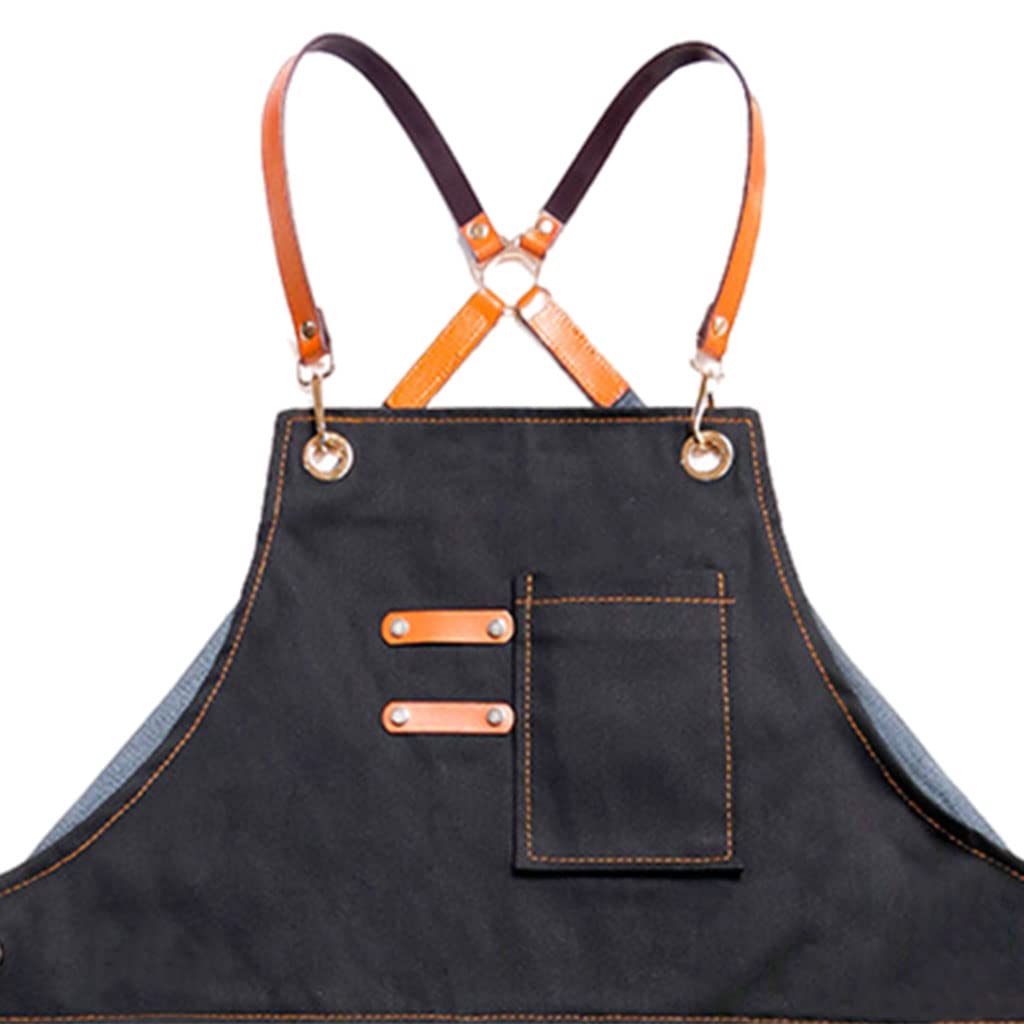 Delantal de Lona con Diseño de Tirantes Y Bolsillos Amplios para Chef Camarero Pintores Y Panaderos Función Antimancha Adecuado para Barbacoa, Negro, Individual