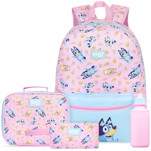 Get Trend Bluey Mochila Escolar Set, 4 Piezas con Grande Mochila Niño, 500ml Botella Agua Sin BPA, Estuche Escolar y Bolsa Isotermica (Multi Bluey)
