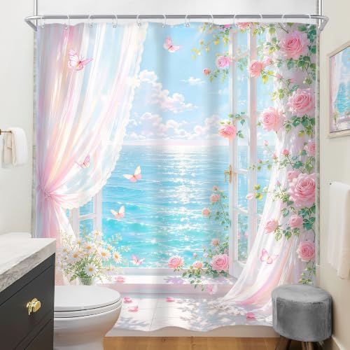 Image of Riyidecor Pink Ocean Floral Shower Curtain 72Wx78H Inch Long Coastal Beach Sunset Scenery Summer Roses Botanical Butterfly Beachside Aesthetic Bathroom Decor Fabric Polyester Waterproof 12 Pack Hooks
