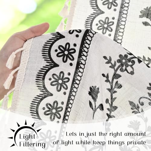 Image of Yinhua Boho Swag Valance Curtains Vintage Linen Valances for Windows Light Filtering Floral Kitchen Valance Rod Pocket Rustic Tassel Window Valances for Bathroom Cafe, 60 inch W x 36 inch L, White Black