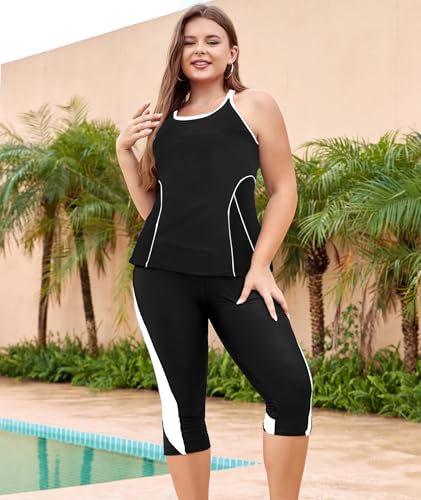 Image of LALAGEN Womens 2023 Plus Size Tankini Swimsuit Rash Guard Capris Athletic Two Piece Swimwear Bathing Suit S-5X