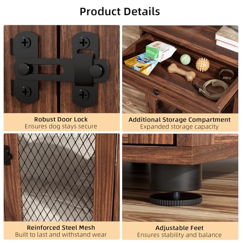 VOWNER Hundekäfig Möbel Indoor, 3 Türen Holz Hundebox mit Schublade, Moderne Hundehütte als Beistelltisch, 51 x 60 x 62 cm für kleine Hunde Zuhause unter 20 kg, Walnussbraun