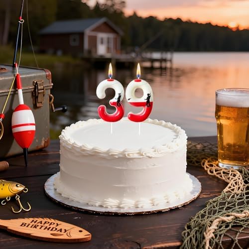 AEYSYU Fishing Birthday Candle Number 9 for Men, Red and White Bobber Cake Topper, Dad Grandpa Cake Decoration - 5