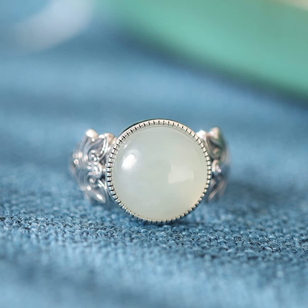 Ringe Silber, Verstellbarer Ring Für Frauen Vintage Blumenform Distressed 925 Sterling Silber Ring Natürlicher Runder Hetian Jade Edelstein Energie Charme Hochzeit Schmuck Geschenke Für Damen