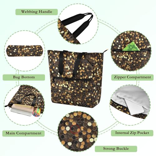 Decorative Kid Tote Bag for Kids Adults, Black and Gold Fake Sequins Water-resistant Teacher Tote Bags Handbags with Inner Pockets for School and Playtime Rainbow mochilas para3