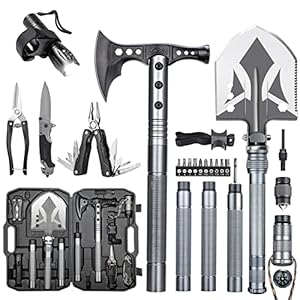 ZENHOSIT Multifunctional Folding Tactical Shovel Hatchet Combo – With Axe, Flashlight, Extension Handles – For Camping, Cycling, Hiking – 19.3-40.9 Inches