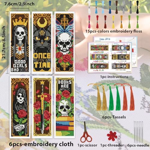 Image of ACRNIGHEET 6PCS Cross Stitch Bookmark Kit for Beginner Gothic Stamped Cross Stitch Kits Needlepoint Kit for Adults DIY Tassel Embroidery Bookmark Kits with Instructions Craft Gift 8.5 inchx3 inch 11CT