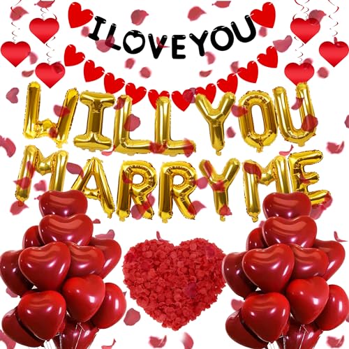 Will You Marry Me Solicitud de Matrimonio - 545 Unidades I Love You Banner Letras Globo de Papel de Compromiso Corazón Globo Flores de Seda como Real para un ambiente romántico Día de San Valentín