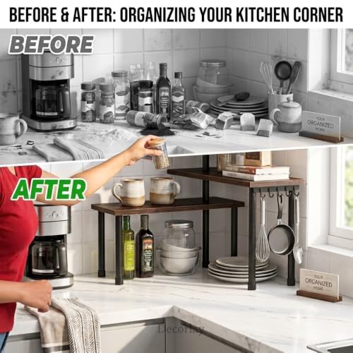 Image of Decorlay 3 Tier Corner Shelf Organizer Rack, Engineered Wood Kitchen Storage Stand for Spice Jars, Oil Bottles, Staircase Rack