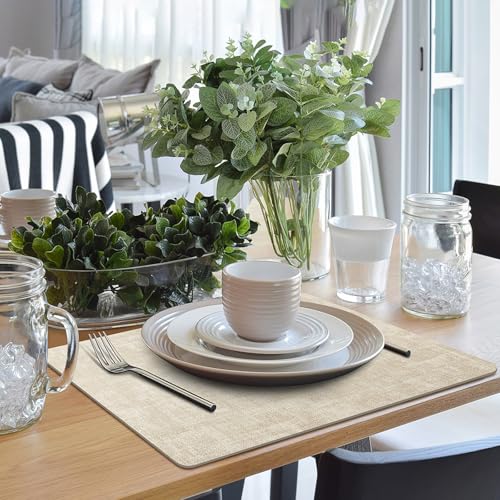 Placemats Set of 12 Washable, Heat Resistant Table Placemats Wipeable Faux Leather Place Mats Non Slip, Waterproof Square Table Mats for Indoor Outdoor, Beige