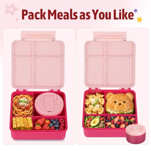 Image of MAXSO Bento Lunch Box Set for Kids with 8 oz Soup Thermo, Leakproof Hot Food Container with 4 Compartments, Insulated Food Jar for Toddler Daycare Boys Girls School - Pink