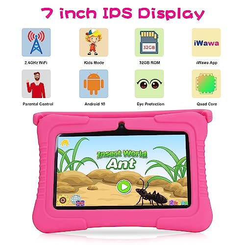 Image of Veidoo Kids Tablet, 7 inch Android 1GB Ram 16GB Storage, Toddler Tablet with IPS Screen, Parent Control, Bluetooth, WiFi, Kid-Proof case with Kickstand, Learning (Light Pink)