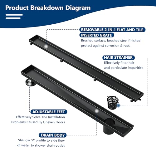 Neodrain 24-Inch Offset Linear Shower Drain with Tile Insert Grate Cover, 304 Stainless Steel Rectangle Side Outlet Shower Floor Drain, Adjustable Leveling Foot, Hair Strainer/Catcher, Matte Black - Thumbnail 2
