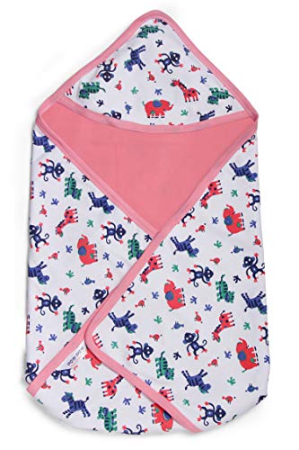Image of pom-pom SWEET HEARTS Cotton Hooded Swaddle Wrapper for New Born Baby | Two Layer Wrapper /Blanket /Receiving Blanket | Soft, Lightweight and Travel Friendly - (0-9 Month) - Animal Print - Pink
