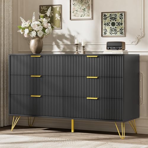 Image of LYNSOM Fluted Dresser for Bedroom, Modern 6 Drawer Black Dresser with Metal Handles and Wide Drawer, Wood Chest of Drawers for Living Room