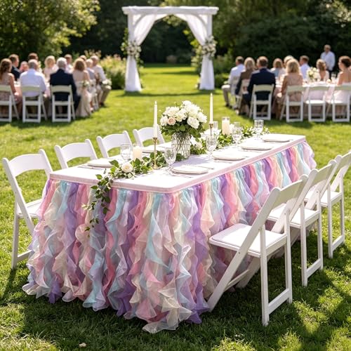 Image of Luxury Organza Mesh Table Skirt Draping Floating Romance - Perfect for Bridal Showers, Birthday Weddings - Clear Flowing Decoration for a Wonderful Main Cake Table (Colorful-6ft, 72 inchLx30 inchH)