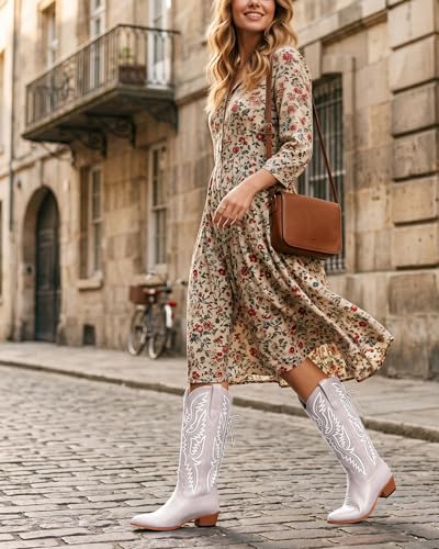 Image of Uillnoodu Wide Calf Cowboy Boots Women Adjustable Lace Up Knee High Tall Plus Size Cowgirl Boots Western Style Comfortable 2-Inch Heel