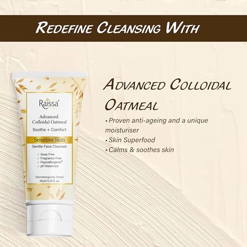 Image of Raissa Colloidal Oatmeal Face Wash Cleanser for Sensitive Skin, 50ml | Hypoallergenic, Fragrance Free, pH Balanced Silicone Free | For Men & Women