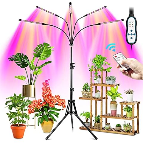 Wolezek Grow Lights with Stand, 5-Heads LED Floor Plant Light Full Spectrum with Red Blue, Grow Lamp for Indoor Plants with Auto 4/8/12H Timer, Dual Controllers, Adjustable Tripod 40-120cm Cover