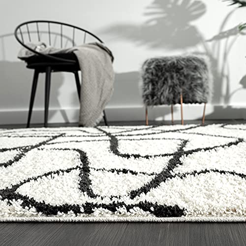 Abani Abstract Design Ivory & Black 7'9" X 10'2" (8X10) Bedroom Carpet Rugs No-Shed Bold Contemporary Squiggle Line Print Shag Area Rug #TOP6