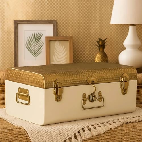 Image of Elan Vintage Beaten Steel Storage Rectangular Trunk with Beaten Brass Lid (White, Standard)