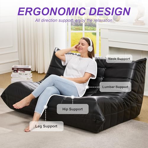 Image of Hobestluk Bean Bag Chair Giant Bean Bag Sofa 2 Seater Bean Bag Chairs for Adults, Loveseat Floor Chair, Leather Bean Bag Chairs for Living Room Bedroom Dorm (Black, Loveseat)