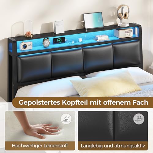 Bett 140 x 200, Bett mit LED-Beleuchtung, Polsterbett 140x200, Ladestation, Bettgestell mit Lattenrost, für Schlafzimmer, Gästezimmer, Schwarz – Bild 4