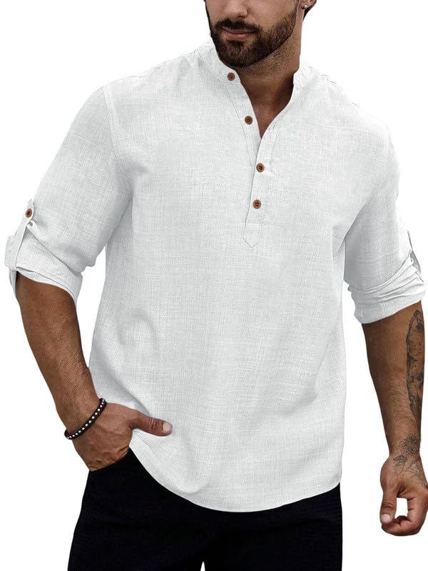 Janasya Men Solid Peach Long Kurta Style Shirt with Mandarin Collar | Cotton Blend Casual Full Sleeve Henley Shirt | Regular Fit Ethnic Fusion Wear in peach