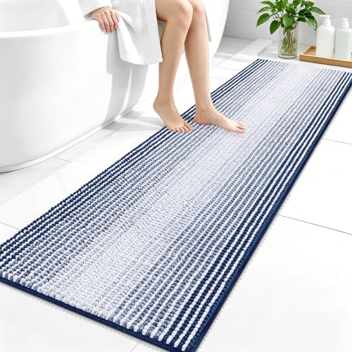 Image of OLANLY Bathroom Runner Rugs 59x20, Extra Soft Absorbent Chenille Striped Bath Rugs, Rubber Backing, Machine Wash Dry, Long Bath Mats for Bathroom, Tub, Shower, Home Decor Accessories, Navy